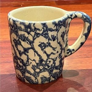 Robinson Ransbottom Coffee Mug Blue Spongeware Roseville Pottery 4" Tall